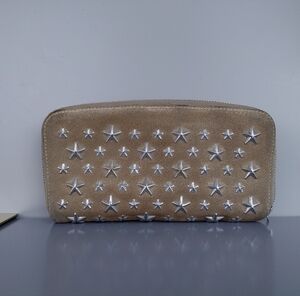Jimmy Choo's Women Zippy Compact Wallet Tan with Silver Star Studs
